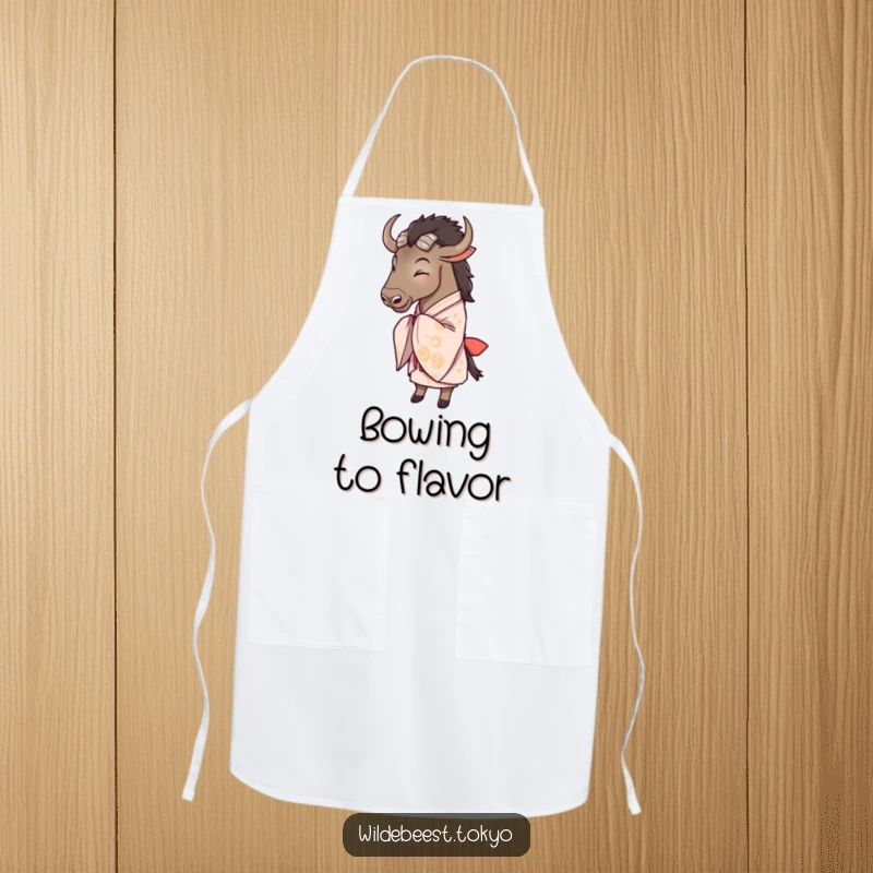 Funny wildebeest in a stylish kimono doing a polite bow, ready to assist in the kitchen on this apron.