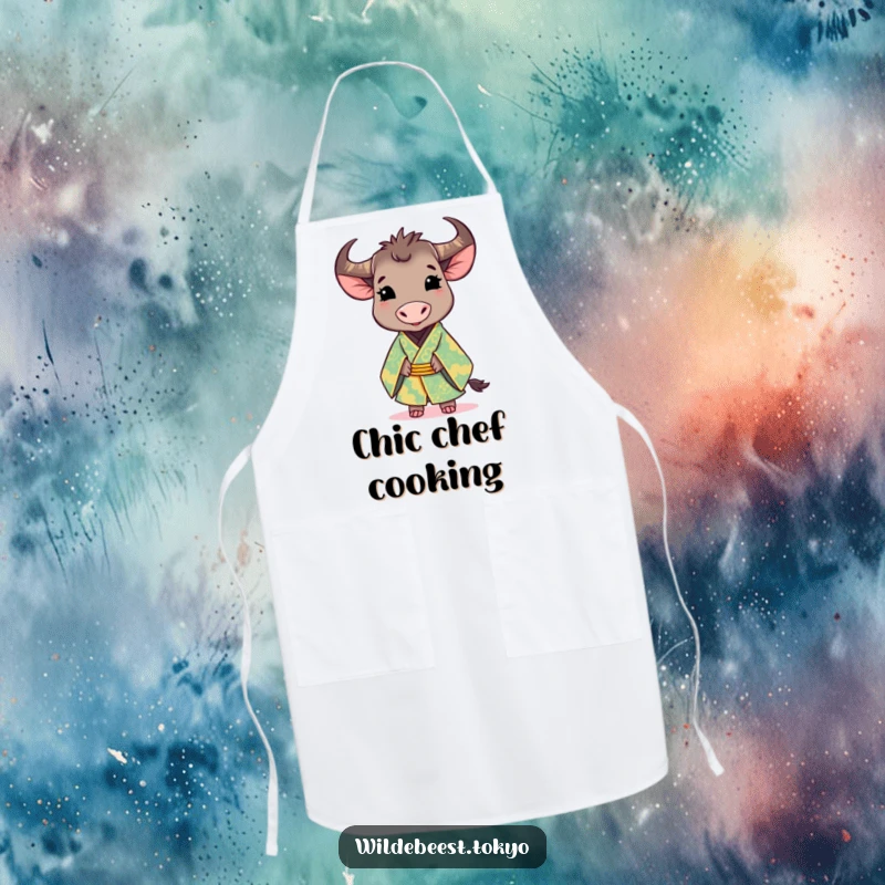 Funny apron: cute wildebeest wearing a brightly colored, ornate kimono, smiling gracefully, perfect for elegant kitchen endeavors.