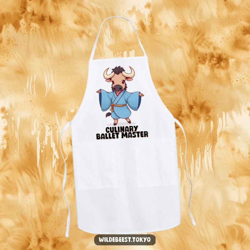 Funny apron showing a charming wildebeest in a blue kimono, elegantly twirling with sleeves outstretched, for a humorous and practical kitchen addition.