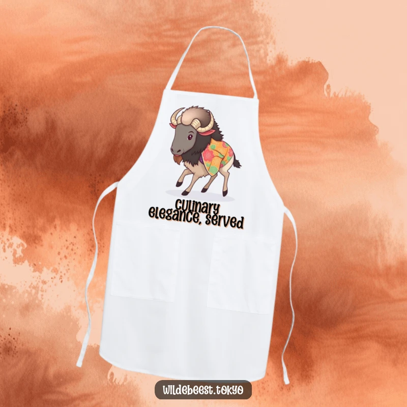 Funny apron featuring a fluffy wildebeest in a stunning kimono, taking a delicate, graceful step in the kitchen.