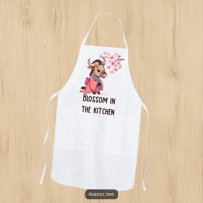 Funny wildebeest in a kimono, observing a cherry blossom, bringing a peaceful vibe to this kitchen apron.