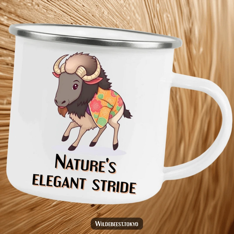 Funny camping mug showing a fluffy wildebeest in a patterned kimono, taking a graceful step, perfect for outdoor elegance.