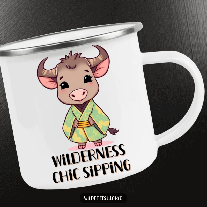 Funny camping mug: cute wildebeest wearing a brightly colored, ornate kimono, smiling gracefully, perfect for elegant outdoor sipping.
