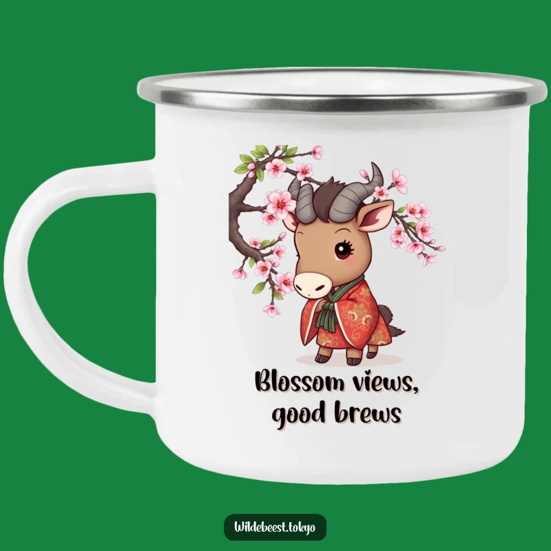 Funny Wildebeest Peek Camping Mug - Cherry Blossom Kimono Cute Outdoor Gift