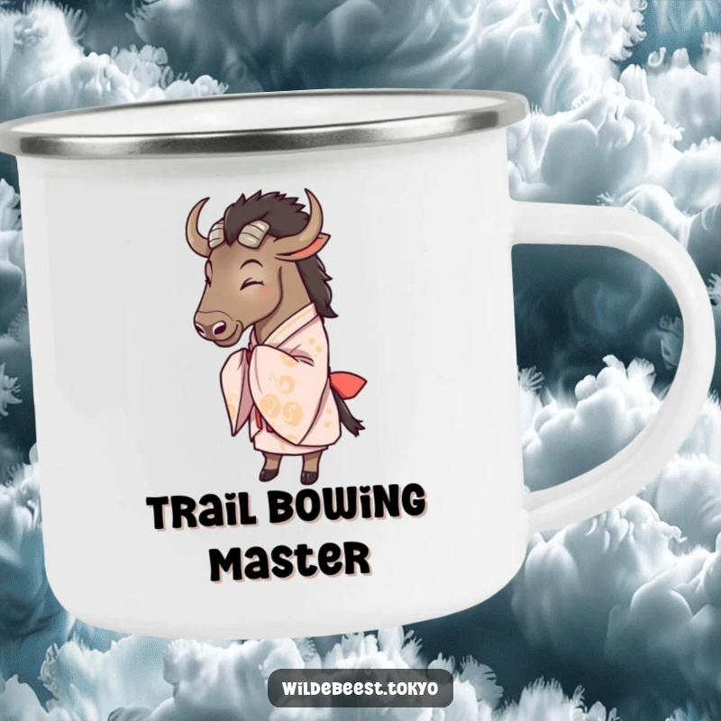 Funny wildebeest in a flowing kimono, happily bowing, perfect for drinks around the campfire on this sturdy mug.