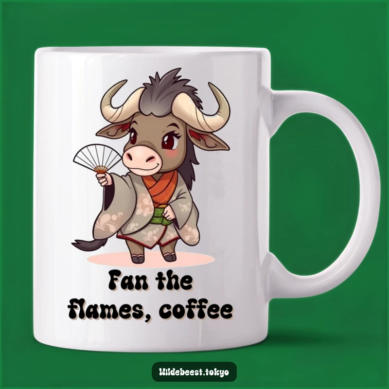 Funny Wildebeest Fan Spin Mug: Hilarious Kimono Animal Gift Idea