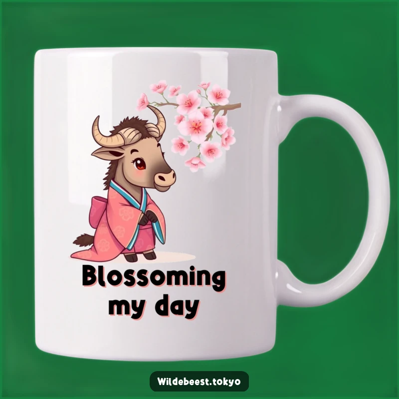 Funny Wildebeest Cherry Blossom Mug: Serene Humor & Nature Gift