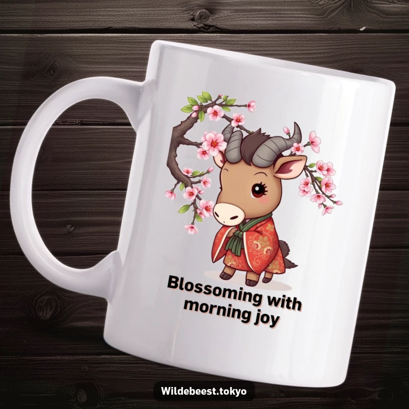 Funny mug of a cute wildebeest in an embroidered kimono playfully peeking from behind a vibrant cherry blossom branch.