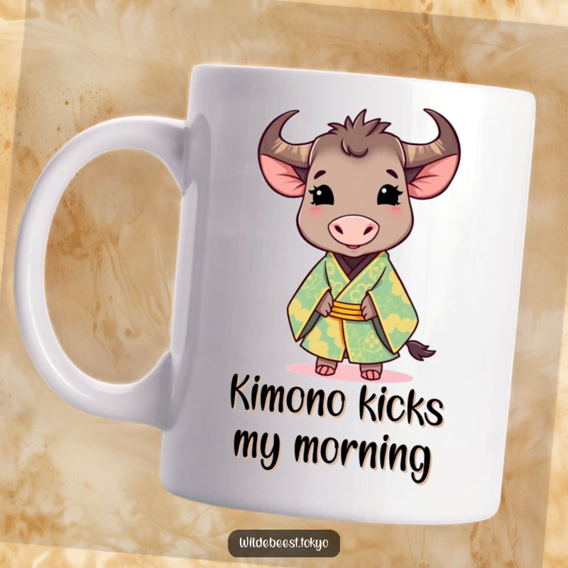 Funny mug: cute wildebeest wearing a brightly colored, ornate kimono, smiling gracefully with elegant charm.