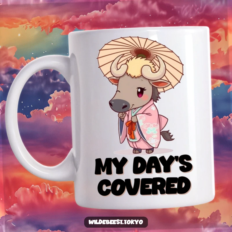 Funny wildebeest in an elegant kimono holding a decorative umbrella with poise and charm on this mug.