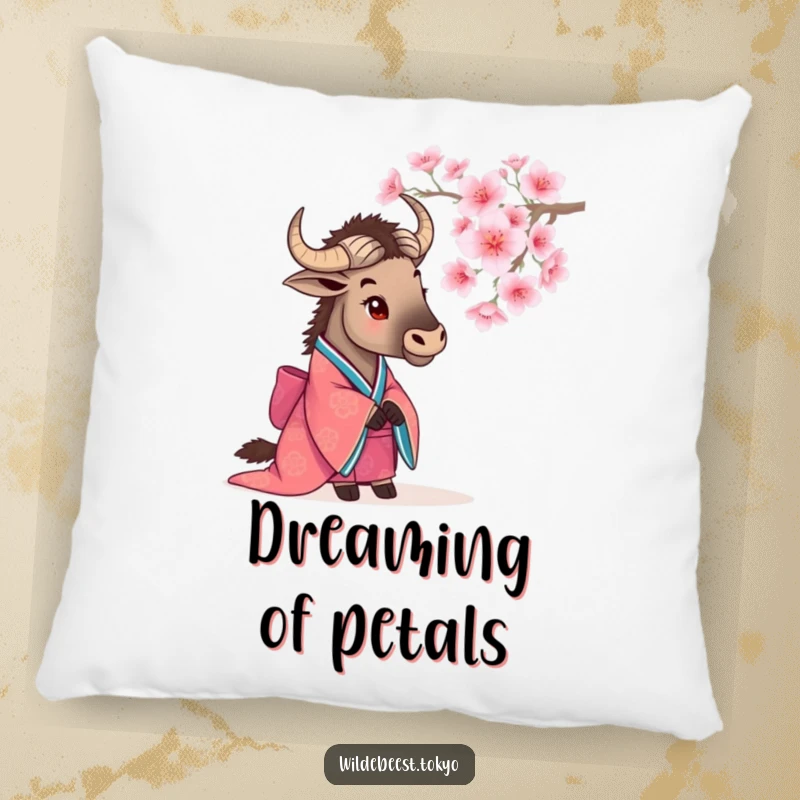 Funny wildebeest in a kimono, gazing at a blooming cherry blossom, bringing natural tranquility to this pillow.