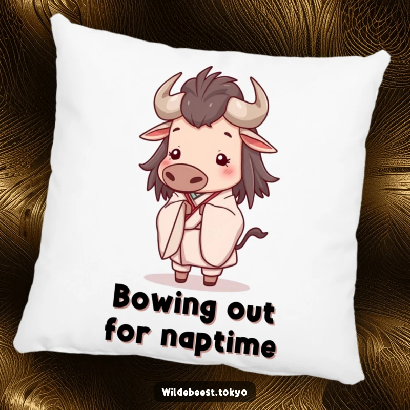 Funny pillow with a happy wildebeest in an elegant kimono, bowing slightly with a serene expression, perfect for cozy calm.
