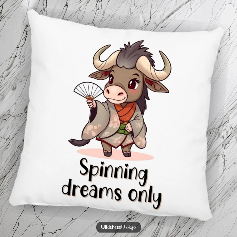 Funny wildebeest in a kimono, playfully twirling a fan, bringing a dynamic and charming vibe to this pillow.