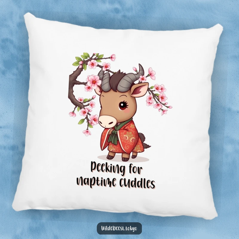 Funny pillow with a cute wildebeest in an embroidered kimono playfully peeking from behind a cherry blossom branch, great for comfort.