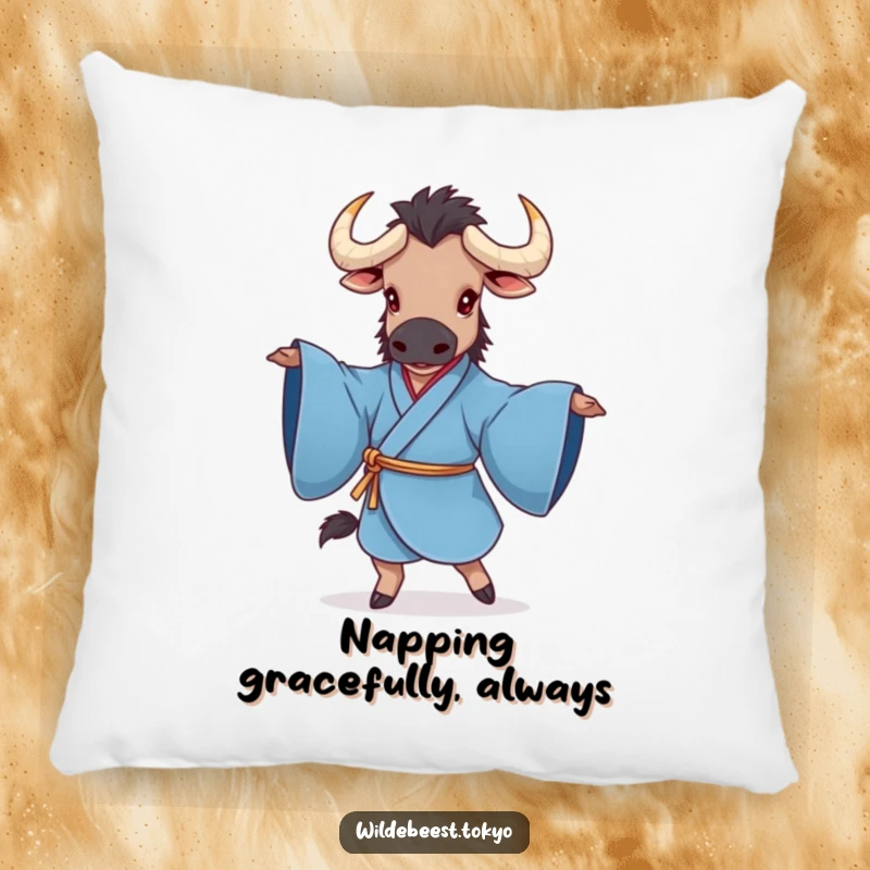 Funny pillow illustrating a charming wildebeest gracefully twirling in a blue kimono, sleeves extended, providing cozy comfort and a touch of whimsy.