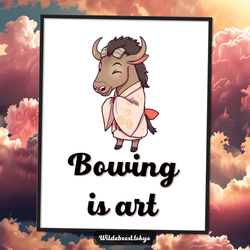 Funny wildebeest in a flowing kimono, gracefully bowing, a whimsical and humorous digital art piece.
