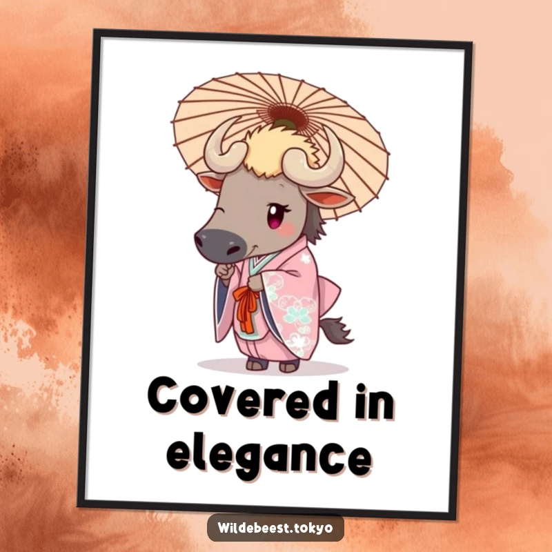 Funny wildebeest in an elegant kimono holding a decorative umbrella, a sophisticated and humorous digital art piece.