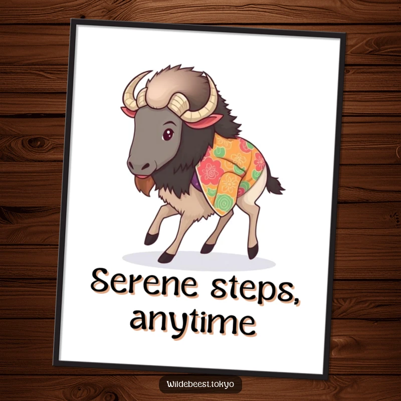 Funny digital art print of a fluffy wildebeest in a vibrant kimono, taking a delicate, elegant step, exuding poise.