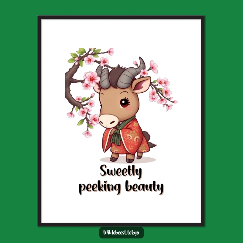 Funny Wildebeest Peek Digital Print - Cherry Blossom Kimono Cute Art