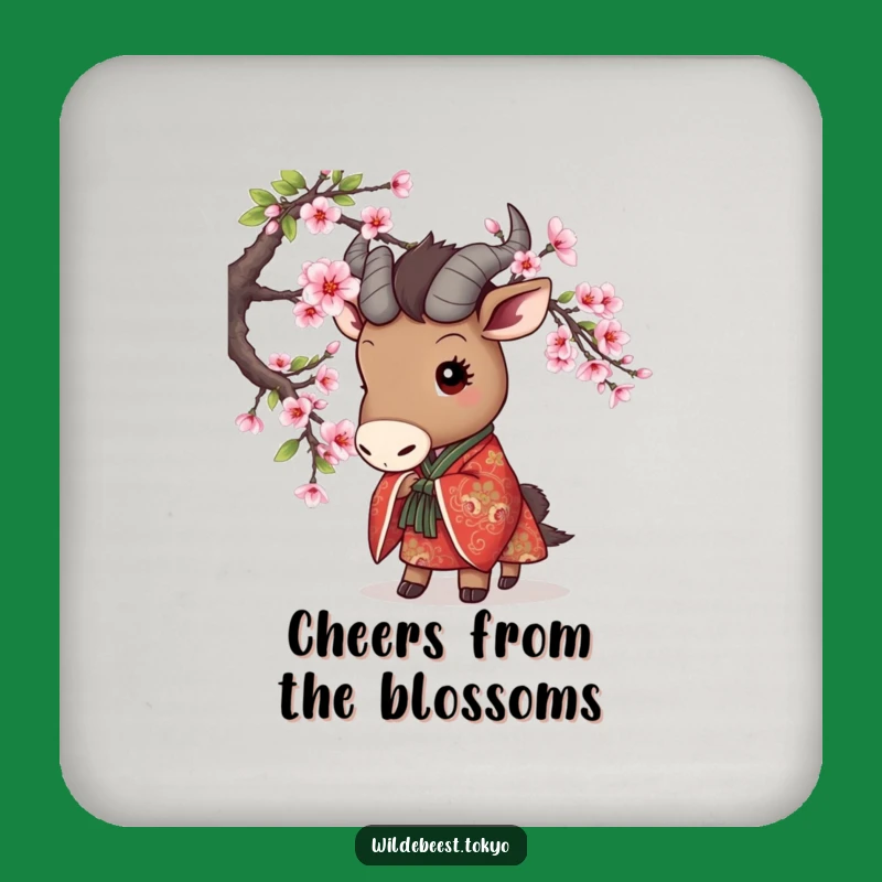 Funny Wildebeest Peek Coaster - Cherry Blossom Kimono Cute Drink Gift