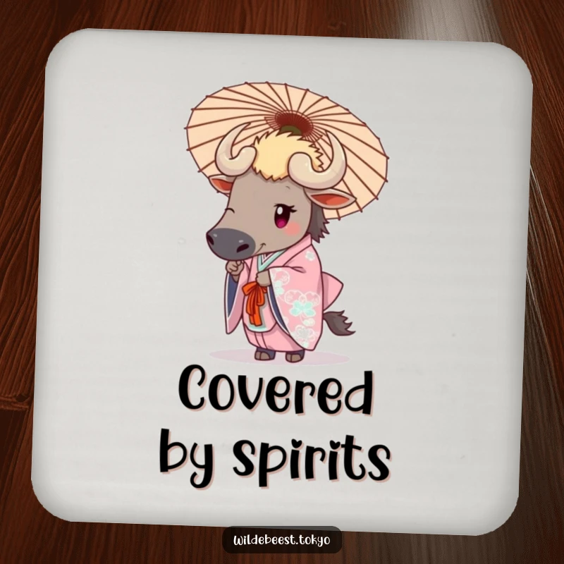Funny wildebeest in an elegant kimono holding a decorative umbrella, a sophisticated and humorous addition to this drink coaster.