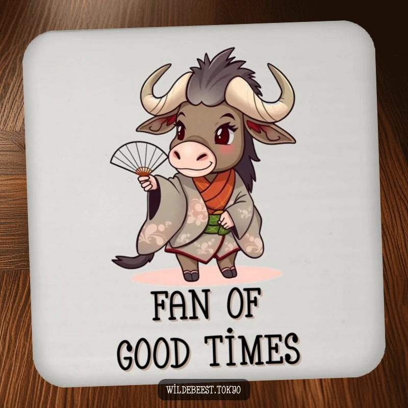 Funny wildebeest in a kimono, playfully spinning a fan, a dynamic and fun addition to this drink coaster.