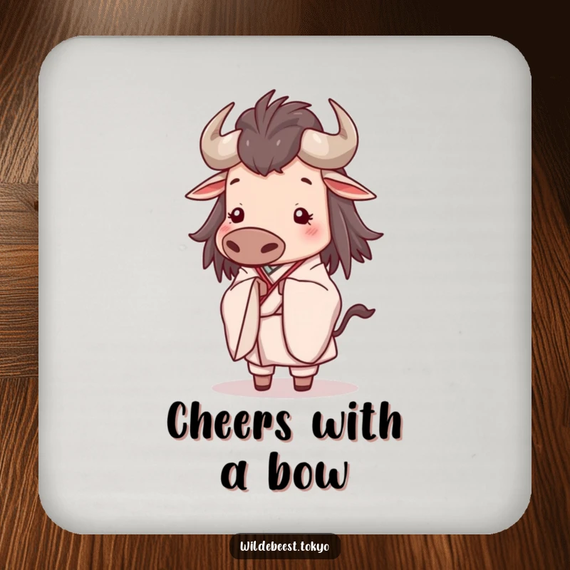 Funny drink coaster with a happy wildebeest in an elegant kimono, bowing slightly with a serene expression, protecting surfaces.