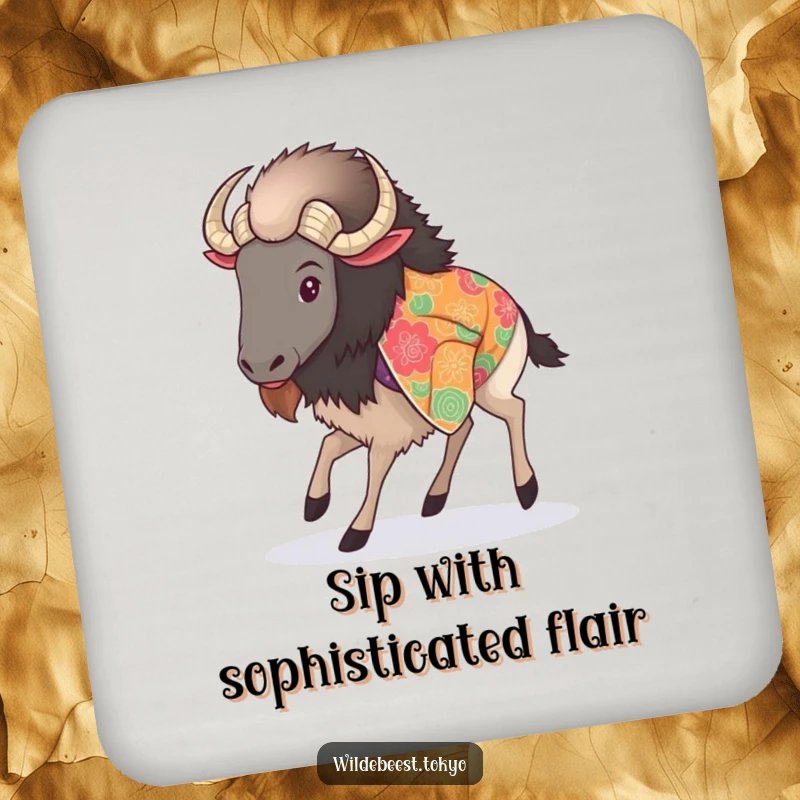 Funny drink coaster with a fluffy wildebeest in a vibrant kimono, taking a delicate, graceful step, protecting surfaces.