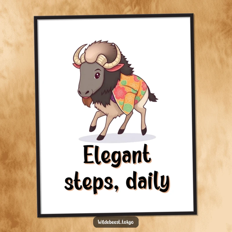 Funny poster art of a fluffy wildebeest in a vibrant kimono, taking a delicate, elegant step, celebrating style and poise.