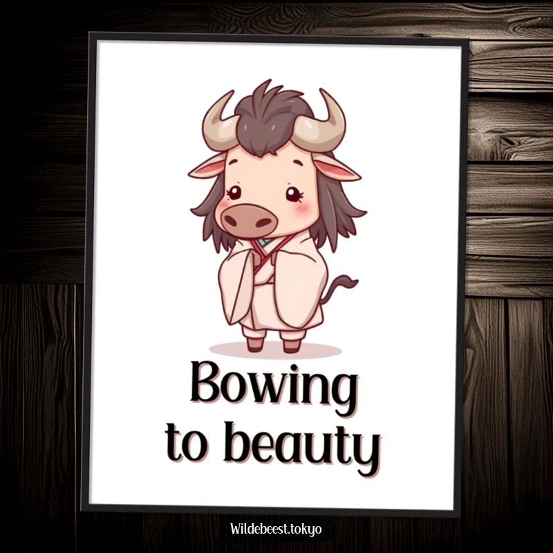 Funny poster art of a happy wildebeest in an elegant kimono, bowing slightly with a serene, peaceful expression, evoking calm.
