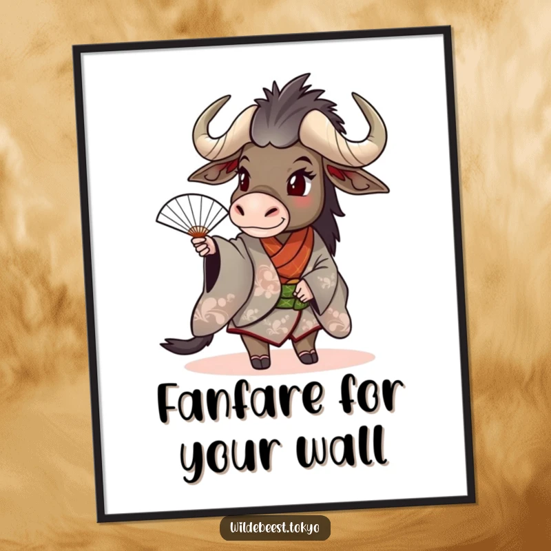 Funny wildebeest in a kimono, energetically spinning a fan, creating a sense of movement and fun in this art.