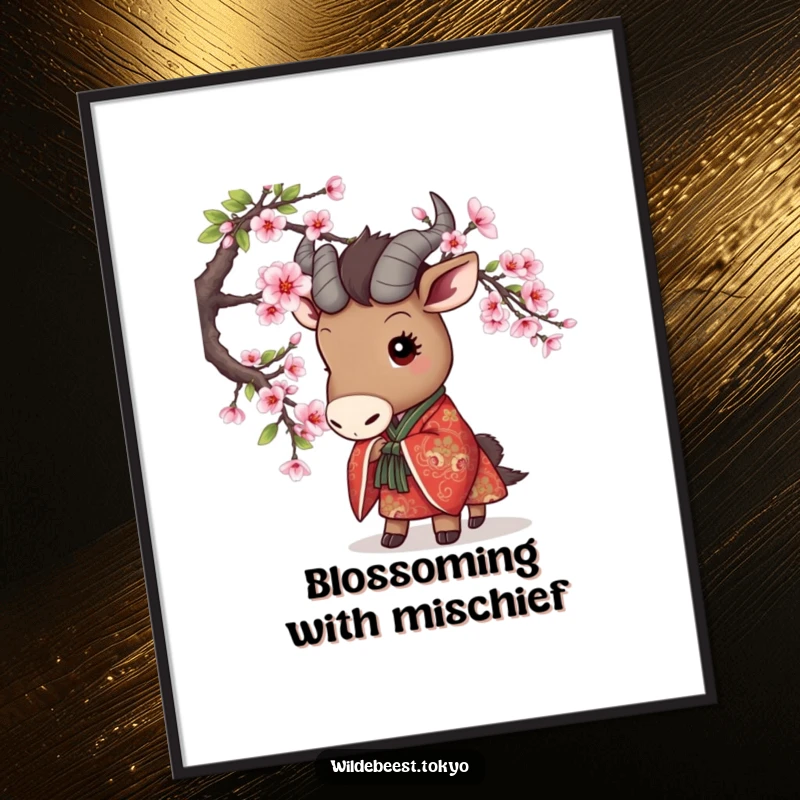 Funny poster art of a cute wildebeest in an embroidered kimono playfully peeking from behind a vibrant cherry blossom branch.