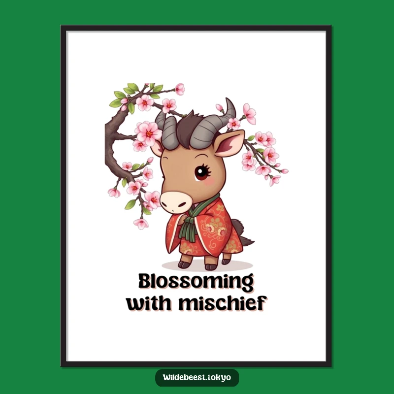Funny Wildebeest Peek Poster - Cherry Blossom Kimono Cute Art Gift