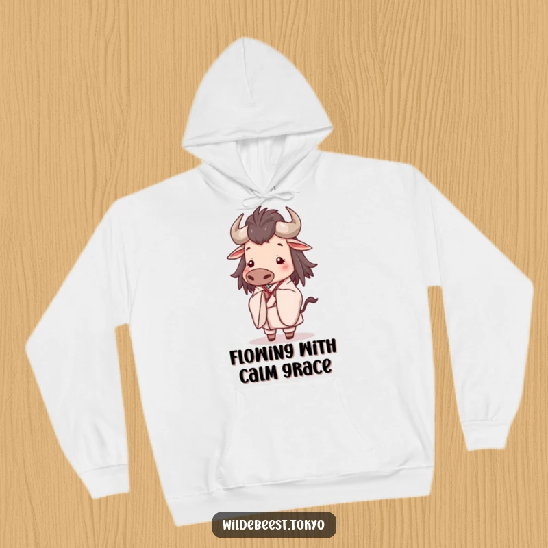 Funny hoodie with a happy wildebeest in an elegant kimono, performing a slight bow with utmost serenity and grace.