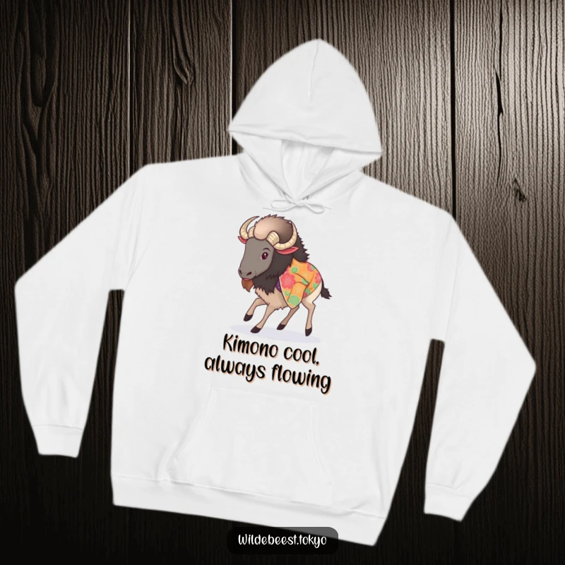 Funny hoodie depicting a fluffy wildebeest in a patterned kimono, gracefully taking a single, elegant step, embodying calm.