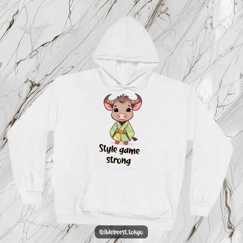 Funny hoodie: cute wildebeest wearing a vibrant, ornate kimono, smiling gracefully, offering a blend of comfort and culture.