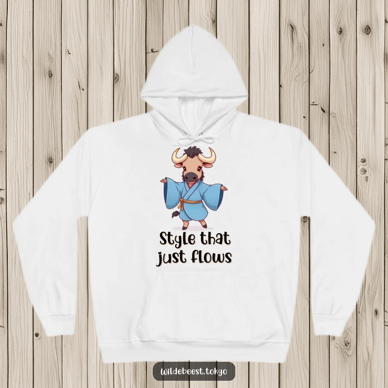 Funny hoodie depicting a charming wildebeest in a blue kimono, gracefully twirling with sleeves extended, offering warmth and a hearty laugh.