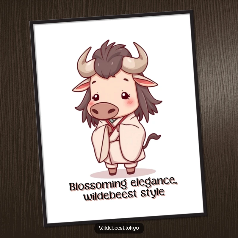 Funny Free Printable Wall Art: A happy wildebeest in a flowing, elegant kimono bows slightly.