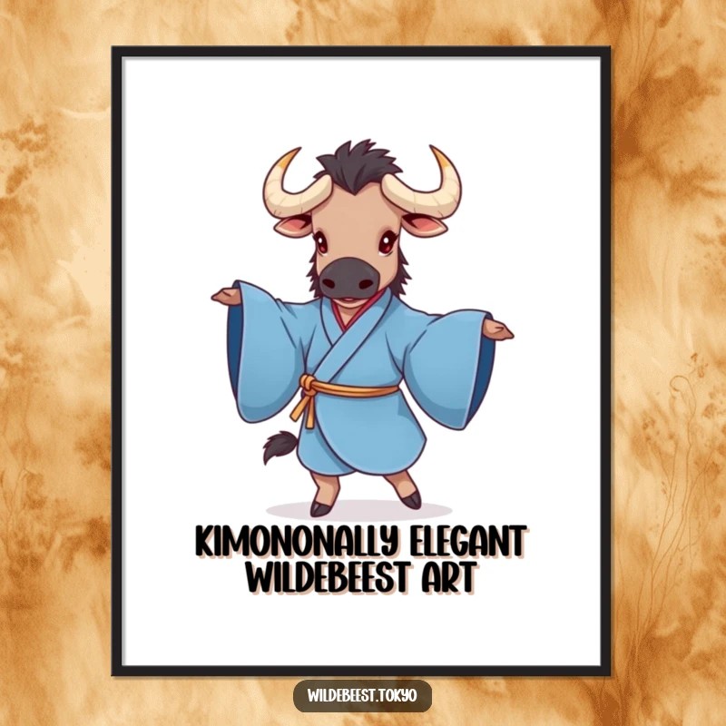 Funny Free Printable Wall Art: A classy wildebeest in a blue kimono performing a graceful twirl, perfect for unique decor.