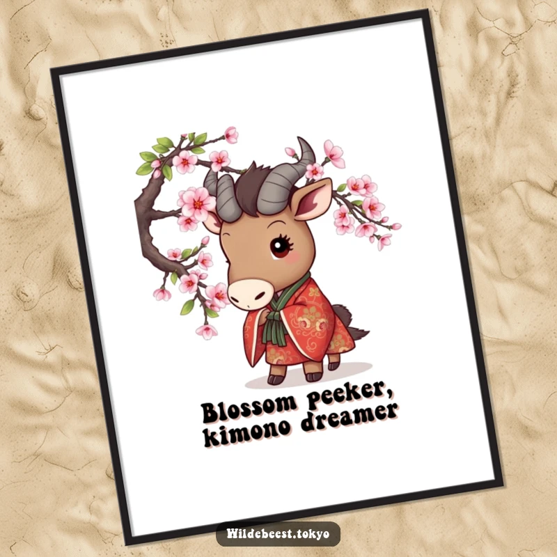 Funny Free Printable Wall Art: A cute wildebeest in an embroidered kimono playfully peeks from behind blossoms.