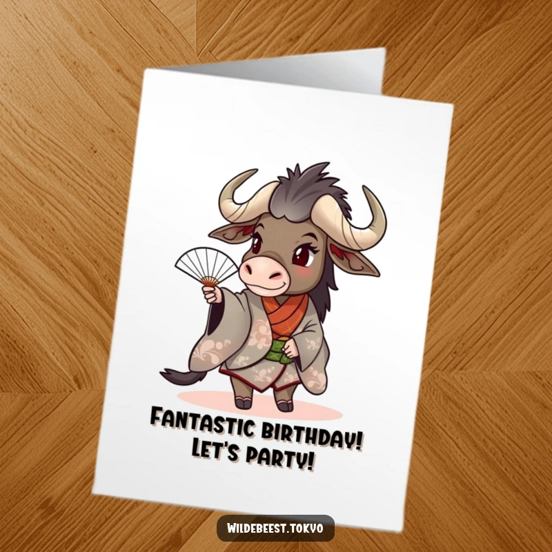 Funny Free Printable Birthday Card: A wildebeest in a kimono playfully spins a fan, celebrating a birthday. A dynamic downloadable greeting.