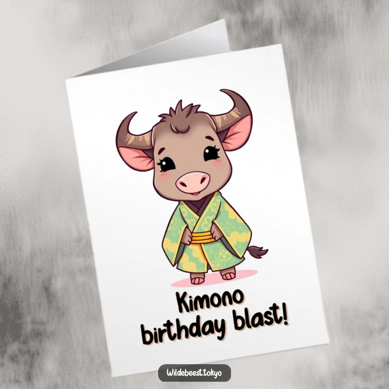 Funny Free Printable Birthday Card: A cute wildebeest in an ornate kimono smiles elegantly, wishing a happy birthday.
