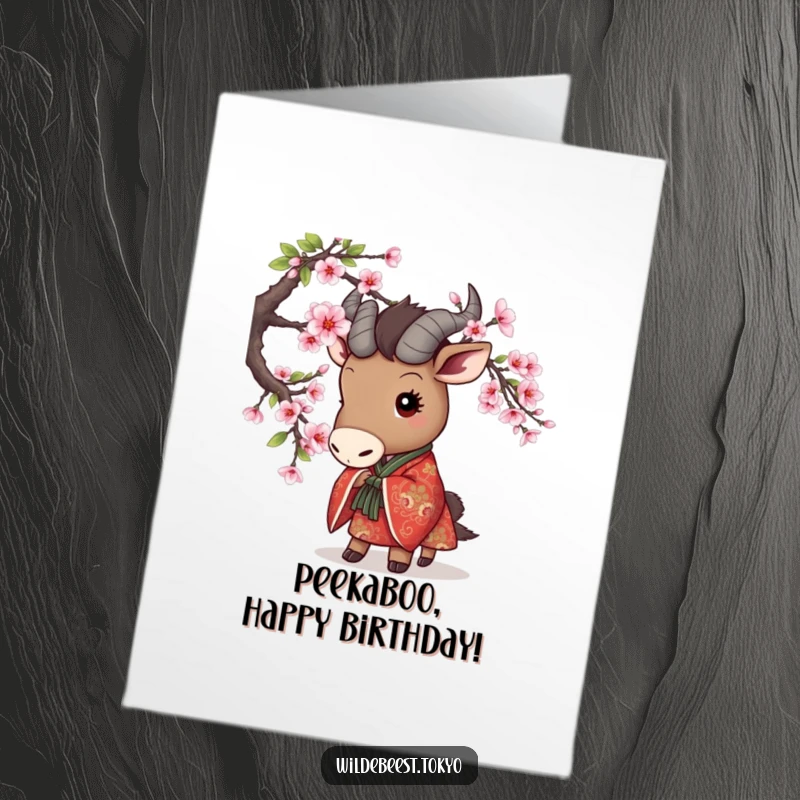 Funny Free Printable Birthday Card: Cute wildebeest in an embroidered kimono peeks from cherry blossoms.