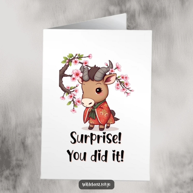 Funny Free Printable Congratulations Card: Cute wildebeest in a kimono peeks playfully from cherry blossoms.