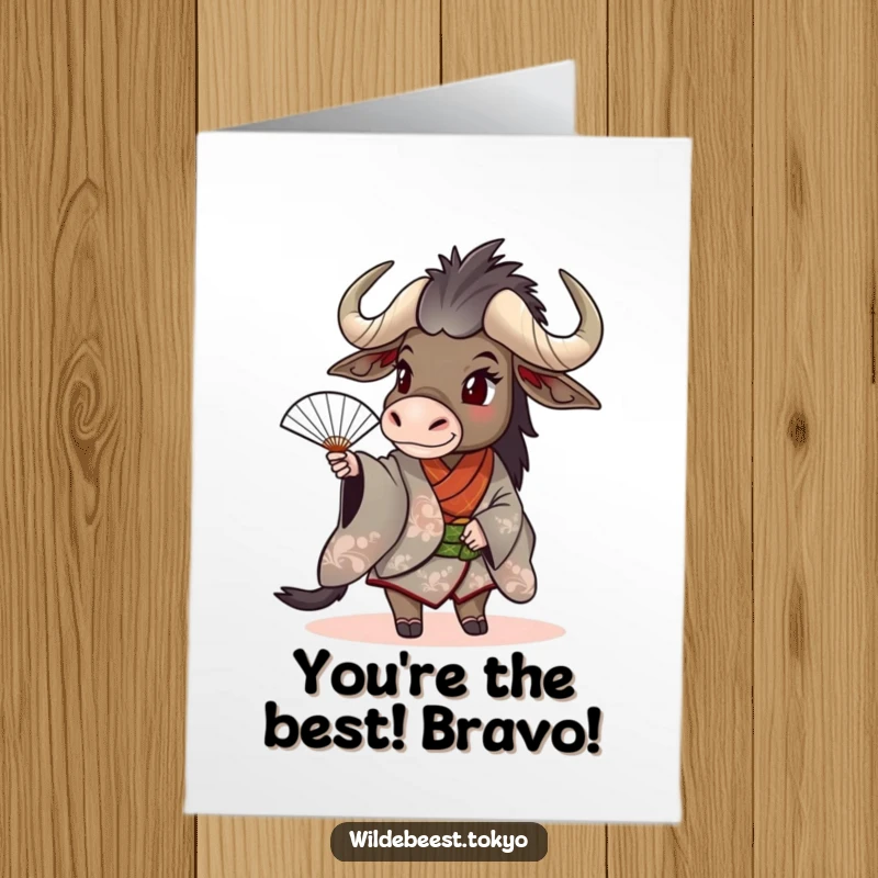 Funny Free Printable Congratulations Card: A stylish wildebeest in a kimono twirls a fan, conveying joyful congrats. A chic downloadable message.