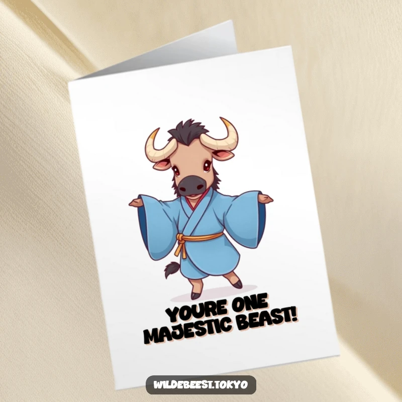 Funny Free Printable Congratulations Card: A joyful wildebeest in a blue kimono elegantly twirling to celebrate a major success.