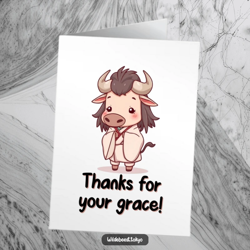 Funny Free Printable Thank You Card: A happy wildebeest in an elegant kimono bows slightly.