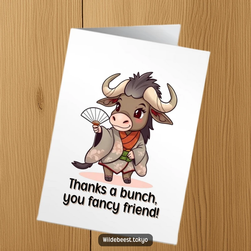 Funny Free Printable Thank You Card: A wildebeest in a kimono playfully spins a fan, offering thanks. A delightful downloadable note.