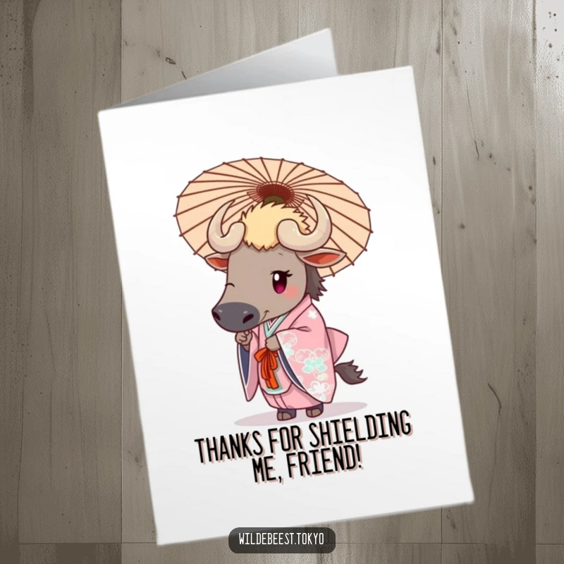 Funny Free Printable Thank You Card: A wildebeest in an elegant kimono holds a decorative umbrella, expressing thanks. A refined downloadable message.