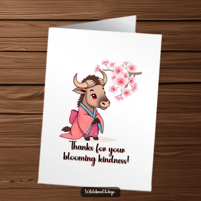 Funny Free Printable Thank You Card: A wildebeest in a kimono contemplates cherry blossoms, offering thanks. A beautiful downloadable appreciation.
